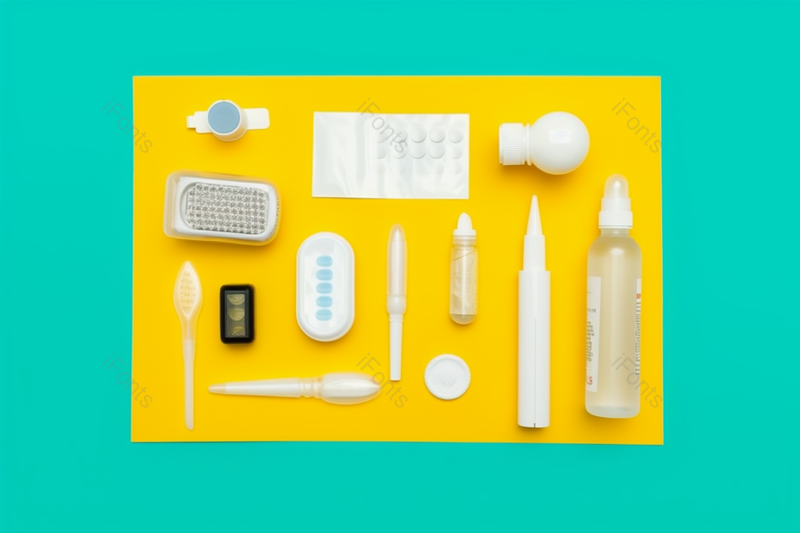 黄色纸板上的医用药品设备摄影实拍,高清,摄影图,摄影图片,图片大全,摄影图免费下载